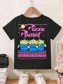 Disney-Sweet And Edgy Style At Its Peak! Toy Story Triplets Pizza Planet Kids T-Shirt Black And Pink Colorblock Cartoon Print 100% Cotton Loose Short Sleeve Top - 黑色 - 查看 2