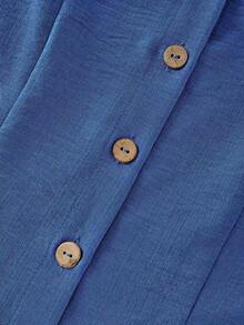 优雅法式纯色方领短袖女式衬衫，春夏修身设计，独特 - 藍色 - 查看 7