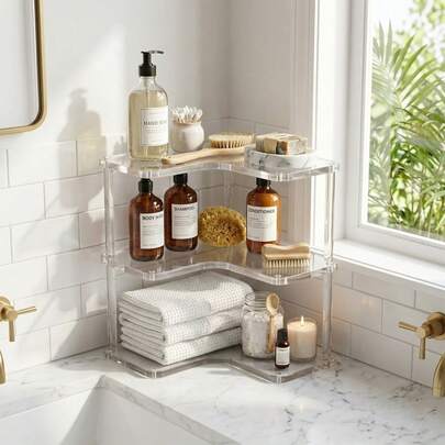 1PC Clear Acrylic L-Shaped Kitchen Corner Shelf Multi-Tier Tabletop Storage Rack For Spices Bathroom Essentials Perfume Space-Saving Decor