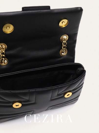 CEZIRA Fashionable Elegant Women's Shoulder Bag PU Vegan Leather Quilted Flap Cover Long Chain Square Messenger Handbag Small Portable For Daily Use Commute College Office Outing Travel