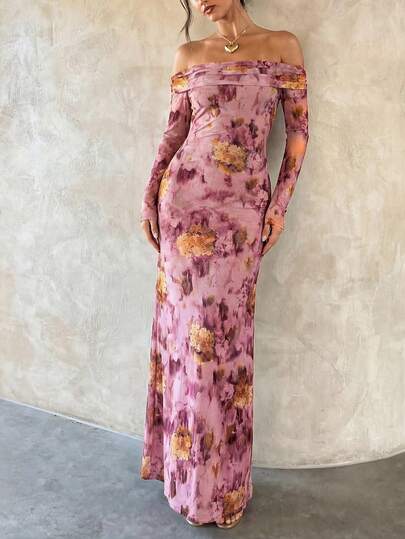 优雅露肩印花长袖修身粉紫色连衣裙，适合春季、夏季、婚礼宾客、沙滩婚礼、派对、度假等场合穿着（不含腰带）。
