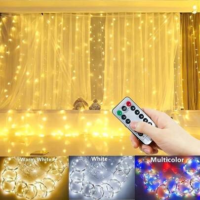 1pc USB Powered Curtain String Lights, 8 Modes Indoor LED Lights For Holiday, Wedding, Birthday Party, Room & Window Decor (Remote Control Excluded)