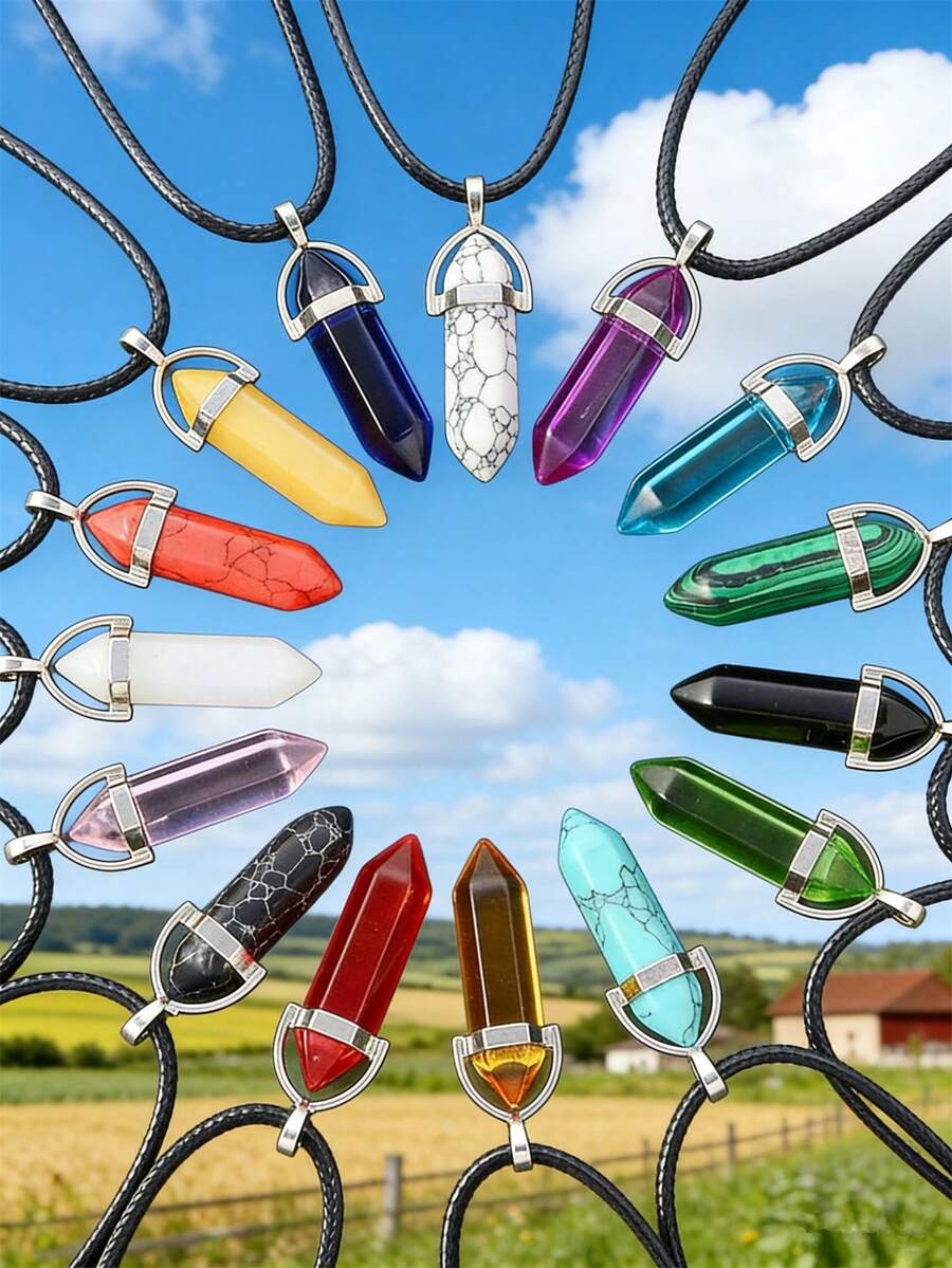 1 pieza Collar de cristal multicolor natural, collar de piedra preciosa hexagonal, collar colgante de chakra para hombres - columna hexagonal - Ver 1