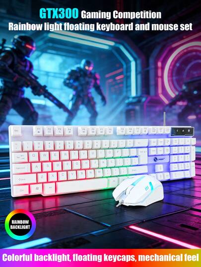 Conjunto de teclado e mouse para jogos GTX300 com fio, teclado mecânico flutuante com retroiluminação RGB em arco-íris, mouse ergonômico para jogos com fio, plug and play para PC, laptop e Windows, ideal para jogadores, digitadores, uso no escritório e em casa.