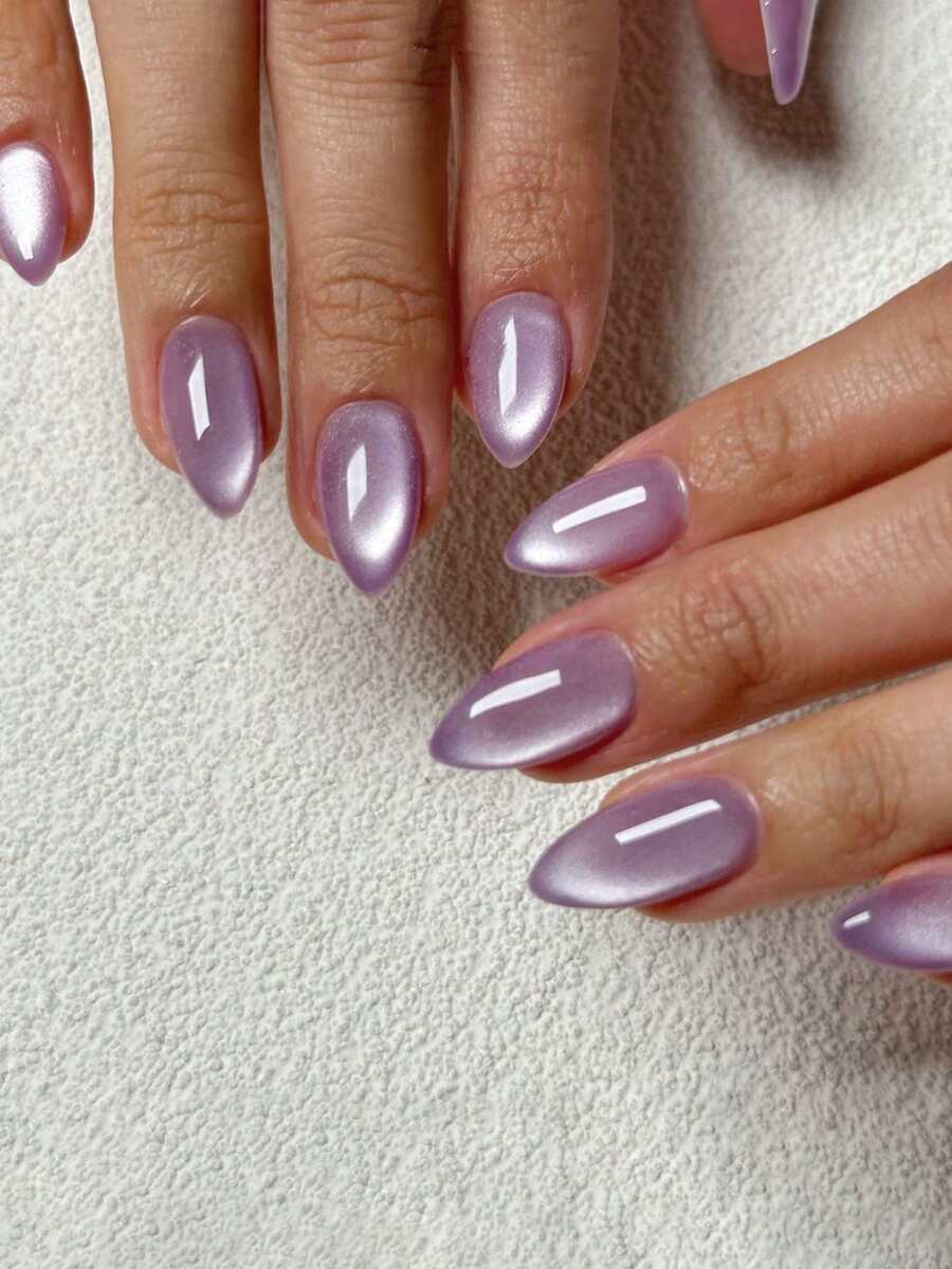 24pcs Spring Retro Casual Elegant Cute Gray-Purple Cat Eye Almond Shaped Disposable False Nail Stickers Set, Suitable For Elegant Women For Daily Life And Shopping - Dusty Purple - View 1