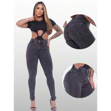 Calça Jeans feminina Grafite com Lycra Skinny cintura alta levanta bumbum Confortável - GRAFITE - Visão 5