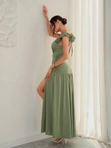 女士春夏浪漫优雅纯色长裙 - 简约优雅的女士风格，适合女士晚间约会和出席正式晚宴的长裙 - 豆綠色 - 查看 6