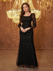 UNITHORSE [Random Cut] Women's Elegant Square Neck Puff Sleeve Waist Cinched Loose Hem Cocktail Party Dress - Black - View 4