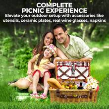 [Envíos locales] Cesta de picnic de exterior con asa, tejida aislada para 4 personas, incluye vajilla, copas de vino y manta, color azul y blanco - Rojo y blanco - Ver 8