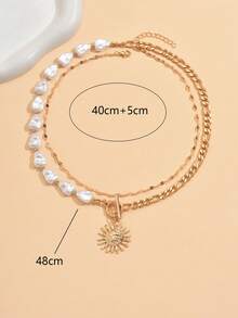 2pcs/Set Fashion Heart-Shaped Faux Pearl Necklace, Punk Style Thick Chain Sun Pendant Necklace Set, Suitable For Daily Wear, Street Photography, Dating - Gold - View 4