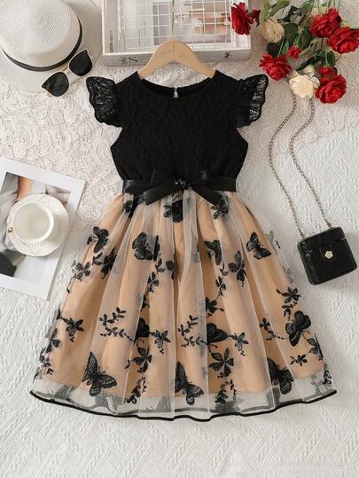 8-12 Years Old Girls' Lace & Mesh Patchwork Embroidered Dress With Puff Sleeves, Comes With Belt, Suitable For Summer Outdoor, Family Gathering, Birthday Party, Beach Vacation, Performance, Daily Wear