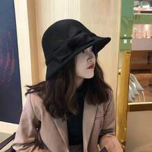 1顶女士新款复古英伦风羊毛毡渔夫帽，优雅圆顶礼帽，饰有大蝴蝶结，时尚日常及户外帽 - 黑色 - 查看 9