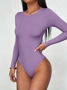 Women Spring Bodysuits For Long Sleeve Shirts Fitted Basic Ribbed Layering Bodys Tops Fall Fashion Winter Clothes Purple Vacation Rompers Outfits For Women - Purple - View 4