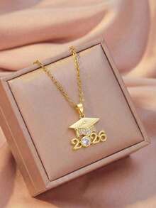 1pc 2026 Fashionable Graduation Cap Pendant Necklace, Stainless Steel Cubic Zirconia Necklace, Unisex Graduation Gift For Students, Friends - Gold - View 1