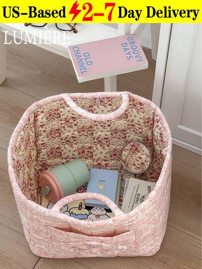1Pc Floral Print Quilted Storage Basket Laundry Basket Large Capacity Portable Storage Bag Foldable Snack Basket With Handle For Women And Girls Cosmetic Storage Basket Toy Storage Basket Skincare Storage Basket Women Makeup Storage Multifunctional Storage Basket Cosmetic Organizer Home Decor Livingroom Bedroom Decor Bathroom Decor