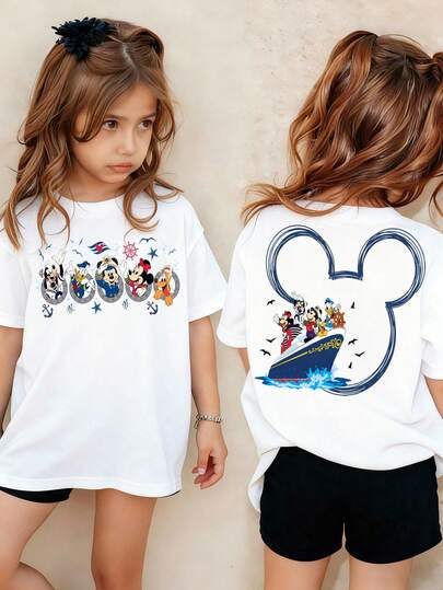  Disney-Childish Sailing Style! Disney Partner Double Sided Children's T-Shirt Front Sail Assembly+Rear Cruise Mickey Head Printed Cotton White Short Sleeved Top