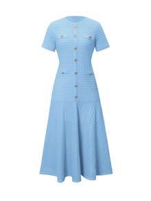 Unadoll 女士春季圆领短袖仿口袋装饰纽扣面料优雅教师套装，适合约会、郊游、生日、派对、旅行、情人节等夏季场合。 - 藍色 - 查看 4