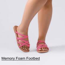 Wide Width Sandals For Women, Summer Flip Flops Flat Slide Sandals Casual Braided Wide Feet Slides Comfort Slip On Thong Womens Sandal. - 粉紅色 PU 780 - 查看 3