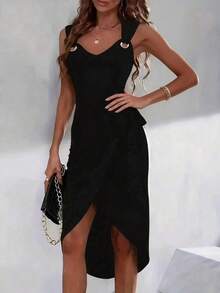 Solstice Apparel Side Tie Waist Solid Color Sleeveless V-Neck Dress, Metal Buckle Embellished Slim Fit Asymmetrical Midi Dress, Elegant Style, Perfect For Daily Outings, Commute, Dates, Parties & Beach Vacation, Spring Summer Outfit - Black - View 5