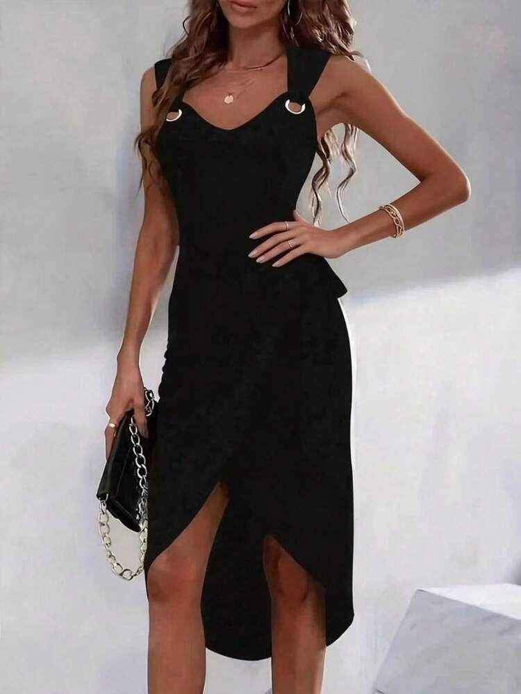 Solstice Apparel 侧系腰带纯色无袖V领连衣裙，金属扣装饰修身不对称中长裙，优雅风格，适合日常出行、通勤、约会、派对和海滩度假，春夏必备单品 - 黑色 - 查看 5