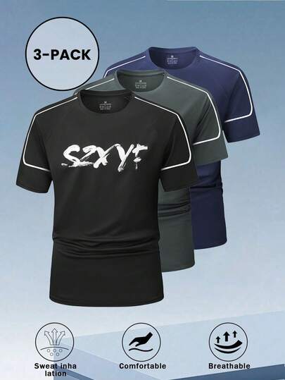 3件装男士夏季短袖T恤，字母印花和线条图案