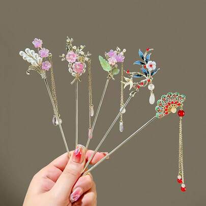 5pcs/Set Classical Floral Tassel Hair Clips, Elegant Chinese Style Alloy Hair Accessories For Hanfu & Traditional Costume