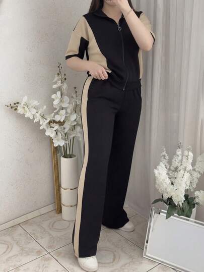 休闲女式通勤套装，舒适宽松拼接撞色短袖外套上衣+条纹撞色直筒裤两件套