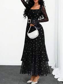 女士优雅、性感、现代、浪漫法式方领长袖连衣裙，Y2K风格，波点蝴蝶结印花，浪漫荷叶边，双层印花面料连衣裙，黑色，适合度假和春季穿着 - 黑色 - 查看 2