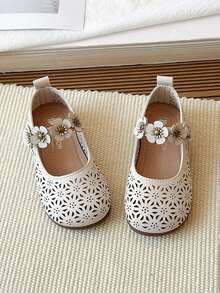 1双女童真皮镂空透气可爱皮鞋，婴幼儿防滑软底学步鞋，百搭休闲鞋，玛丽珍乐福鞋，带搭扣，适合春、夏、秋季穿着 - 米色 - 查看 6