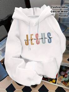 Women's Fashion Hoodie Colorful JESUS Letter Print Kangaroo Pocket Women's Sweatshirt Sports Shirt Autumn Winter Long Sleeve Versatile Suitable For Daily Outings Casual Party Wear Comfortable Cotton Sweatshirt - White - View 7