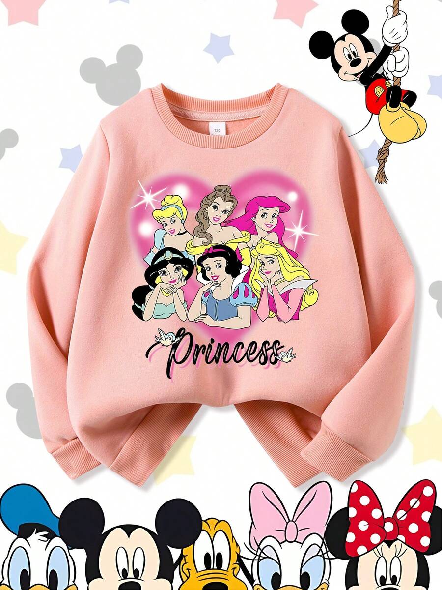 Disney Princess Squad Group Belle Ariel Jasmine Snow White Aurora Comfortable Print Young Girls' Long Sleeve Sweatshirt, Suitable For Autumn/Winter, Lightweight And Cozy, Great For Layering In Fall, Fashionable Casual Wear, Graphic Design, Back To School Season, Autumn, Back To School Party, Suitable For Outdoor Picnic, Street Photography, Home, Campus, Holidays, New Year Gift - 粉色 - 查看 1