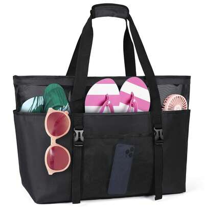 NEWHEY Large Capacity Mesh Tote Bag, Suitable For Family Vacation Outings, With Zipper, Unisex, Lightweight Foldable Waterproof Shoulder Beach Bag, Suitable For Beach Travel Picnic, Black