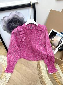 Hermiss Women's Chiffon Blouse With Gathered Elastic And Ruffle. One Size Fits S/M/L. New Autumn/Winter Collection. - 玫瑰紅 - 查看 2