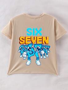 Boys Cartoon Number "67" & Letter Print Round Neck Short Sleeve T-Shirt, New Spring/Summer Children Clothing - Apricot - View 3