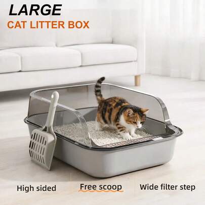 Large Semi-Enclosed Cat Litter Box, Open Top  With High Sides Anti-Splash Design, Double-Layer Detachable Structure For Easy Cleaning, Wide Filter Step To Reduce Litter Tracking, Includes Free Scoop, Practical Indoor & Outdoor Cat Toilet