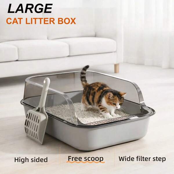 Large Semi-Enclosed Cat Litter Box, Open Top  With High Sides Anti-Splash Design, Double-Layer Detachable Structure For Easy Cleaning, Wide Filter Step To Reduce Litter Tracking, Includes Free Scoop, Practical Indoor & Outdoor Cat Toilet