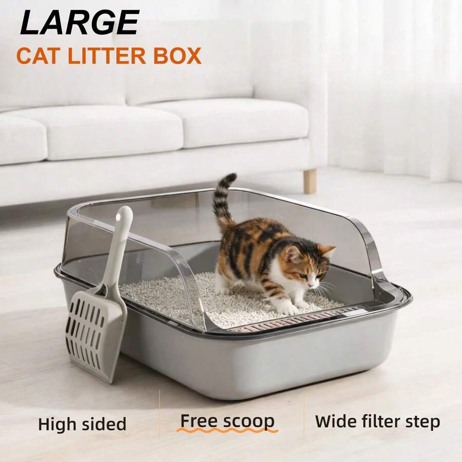 Large Semi-Enclosed Cat Litter Box, Open Top  With High Sides Anti-Splash Design, Double-Layer Detachable Structure For Easy Cleaning, Wide Filter Step To Reduce Litter Tracking, Includes Free Scoop, Practical Indoor & Outdoor Cat Toilet