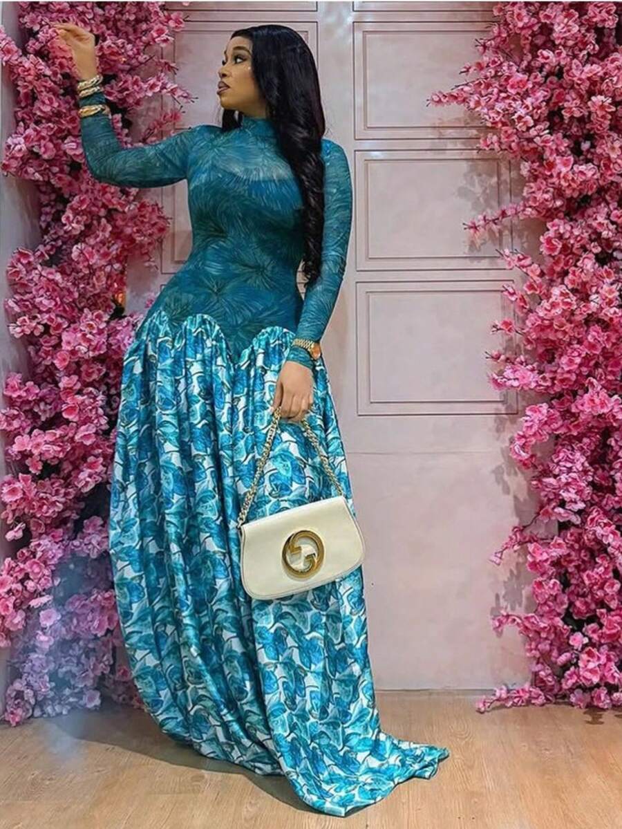 Women's Dresses European American Style Printed Patchwork Slightly Sheer Fresh A-Line High Neck Stretchy Slim Fit Long Sleeve Dress - 藍色 - 查看 1