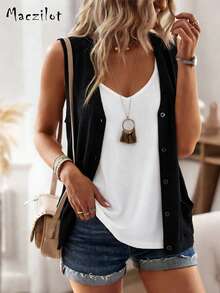 Lightweight Women Cardigan, Sleeveless Open Front Vest, Single-Breasted Loose Casual Style - Black - View 1