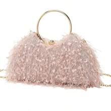 Ubysoyi Luxury Lightweight Evening Clutch Purse For Women Sequins Decor Cute And Elegant Mini Box Bag Formal Dinner Bag Evening Bag Glamorous Party Clutch Bag With Round Metal Handle Perfect For Wedding Bridal Handbag Party Banquet Dinner Prom Birthday Outfit - 淡紫色 - 查看 2