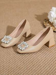 Women's Square Toe High Heel Shoes, New Rhinestone Square Buckle Minimalist Elegant Low Vamp Fairy Style Comfortable Non-Fatiguing Slip-On Work Shoes, Khaki Chunky Heel Plus Size 35-43 - Beige - View 5