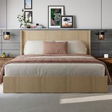 Large Grooved Undulating Lift Storage Bed Frame, Wooden Platform Bed Frame With Lift Storage, No Spring Box Required/No Noise, Rustic Brown Slatted Natural Wood(
King) - Oak color - 查看 2