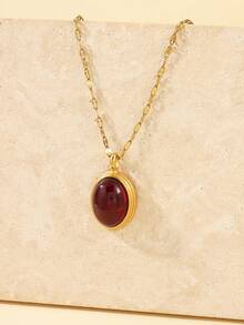 1件不锈钢复古金色项链，配棕色宝石吊坠，适合女士日常佩戴或作为礼物 - 金黃色 - 查看 1