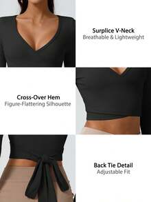 NcmRyu 1件女士V领系带短款长袖运动T恤 - 黑色 - 查看 4