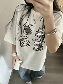 女士宽松可爱猫咪咖啡印花T恤，柔软休闲卡通咖啡图案，夏季日常街头风Y2K - 白色 - 查看 2