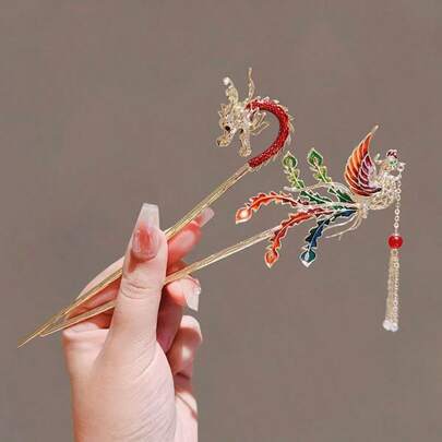 2pcs Vintage Elegant Hair Clip, Colorful Phoenix & Dragon Design, Chinese Style Tassel Hair Accessory For Cheongsam, Hanfu