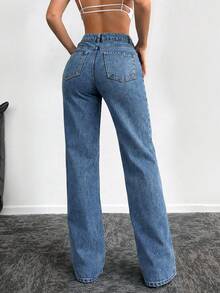High Stretch Straight Leg Jeans, Women's Split Hem Jeans, Elastic Waist Casual Street Style Pants Spring - Blue - View 4