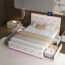Caluself 140/160 X 190/200 Cm Double Bed, Bed With Storage Space And 4 Drawers, Youth Bed With Headboard, Elegant And Sophisticated Bed Frame, Cream-Colored, Velvet - Màu be - Xem 2