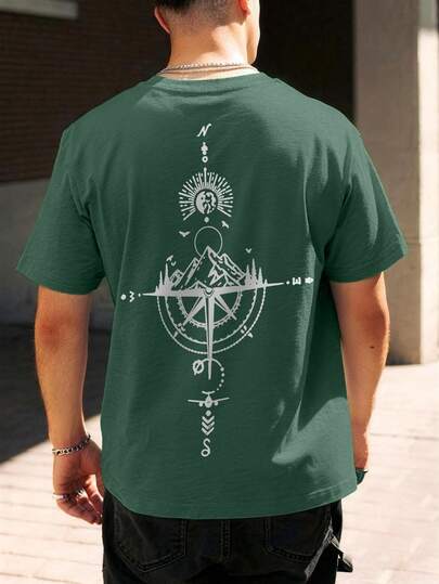 Camiseta gráfica para hombre, parte superior con estampado de brújula vintage, hecha de tela de punto de poliéster 100% transpirable, diseño de cuello redondo de ajuste regular, adecuada para actividades al aire libre de verano y uso diario