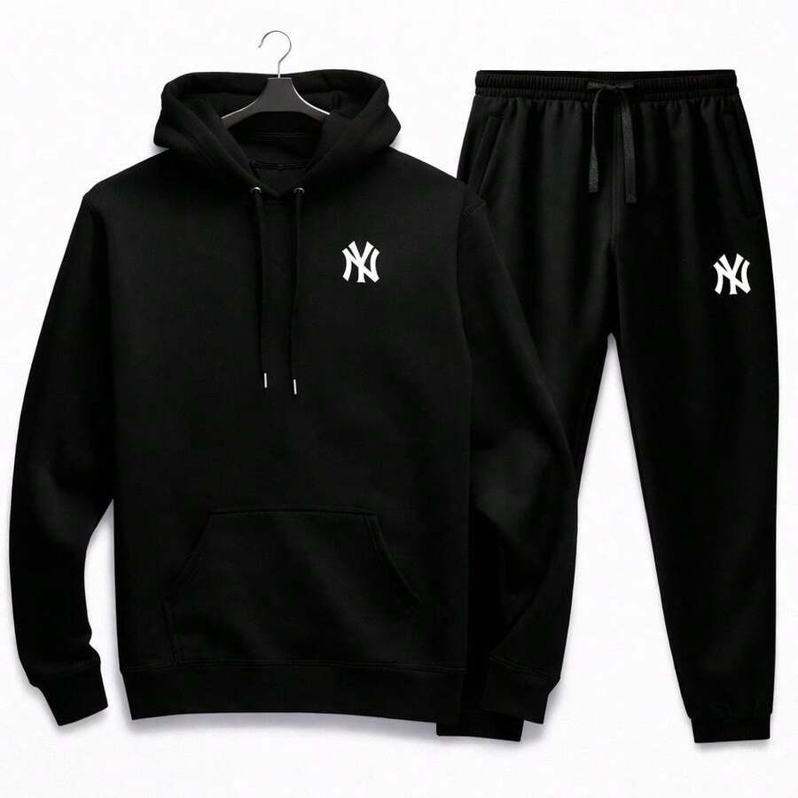 Men's Stylish Kangaroo Hoodie Set + Unisex Sweatpants Set - 黑色 - 查看 1